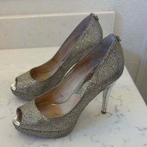 MICHAEL Michael Kors Glittering Silver Peep-Toe Heels